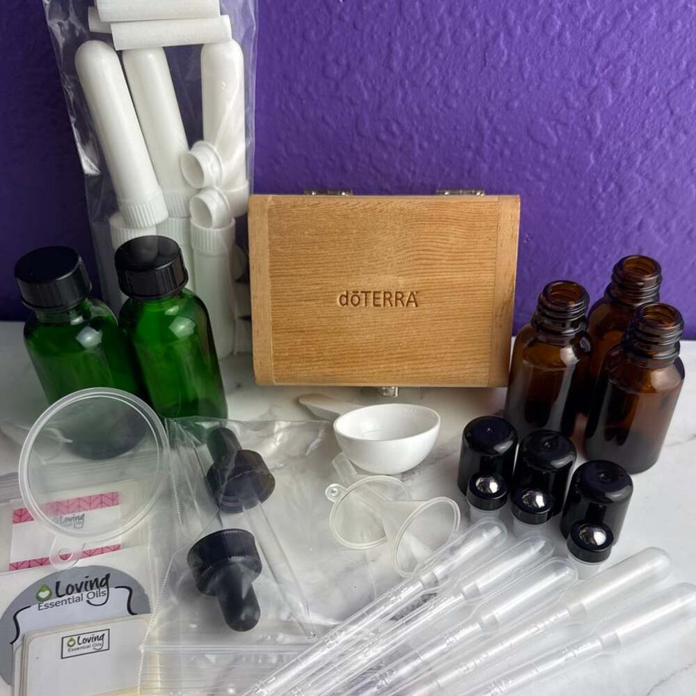 doTERRA Wooden Box Essential Oil Kit Green Dropper Amber Roller Bottles Funnels
